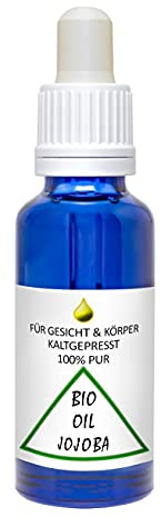 Jojobaöl BIO zertifiziert kaltgepresst Gesichtsöl, Körper & Haaröl, 30ml in blau Glasflasche mit Pipette