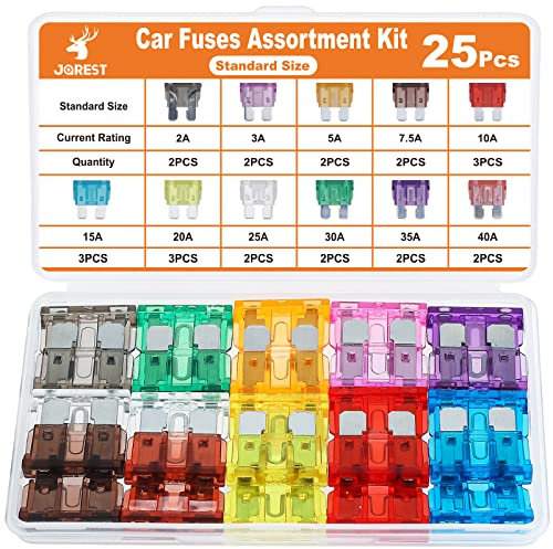 JOREST 25Pcs Moyenne Fusible Voiture Set, Plats Fusibles Pour Auto - Fusibles Automobile Truck/RV/Camion/Moto (2A 3A 5A 7.5A 10A 15A 20A 25A 30A 35A 40A)