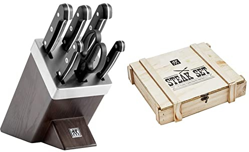 ZWILLING Selbstschärfender Messerblock, 7-tlg., Holzblock, Gourmet & 07150-359-0 Steak Besteckset in rustikaler Holzbox, Edelstahl, 12-teilig