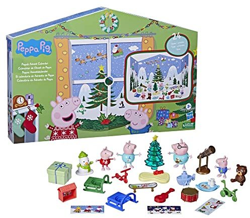 Peppa Pig Peppa's Kids Adventskalender, enthält 24 Überraschungsspielzeug, 4 Urlaubs-Peppa Pig Familienfiguren, ab 3 Jahren