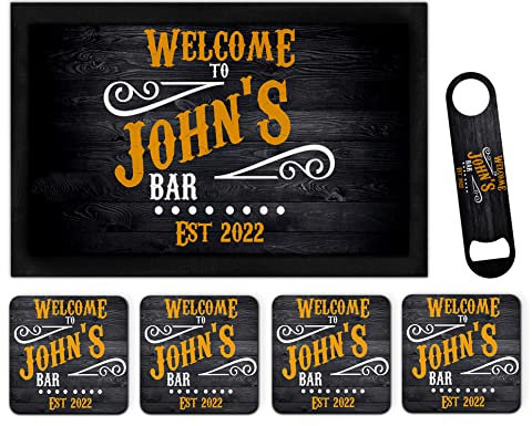 Personalised Bar Runner Mat Matching Set Any Name Bar Blade Opener & 4 Coasters Custom Beer Gifts For Pubs Home Bar Novelty Accessories For Dad Father's Day Mens Man Cave Wood Effect