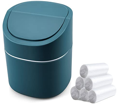 Mini Desk Trash Can with Lid with Trash Bags 180 Pcs Swing-Lid Tiny Countertop Garbage Bin Small Table Top Plastic Covered Waste Basket