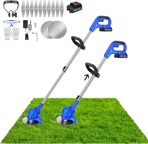 Akku Rasentrimmer mit Akku und Messer 21V Freischneider Akku Motorsense Elektrisch Rasentrimmer Ersatzmesser 18cm Schnittbreite, 2X 1.5Ah Akku