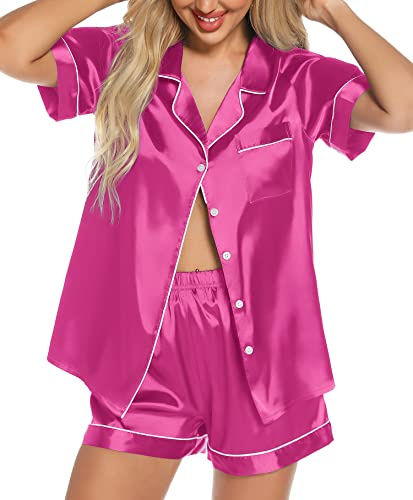Samring Conjunto de Pijama de satén de Seda para Mujer, Manga Corta, Ropa de Dormir de Dos Piezas con Botones y Bolsillos, S-XXL, Magenta, S
