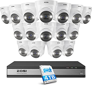 ZOSI 4K Kit Cámaras de Vigilancia PoE con Detección de Persona/Vehículo, 16CH 8MP NVR con 16pcs 5MP CCTV Cámara de Seguridad IP Exterior, Visión Nocturna en Color, 4TB HDD Incluido