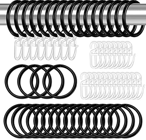 Heyu-Lotus 40 Stück Metall Vorhangringe Vorhang Hängend Ringe und 40 Stück Kunststoff Gardinenhaken für Fenster Tür Duschvorhänge, 32 mm Innendurchmesser(Schwarz)