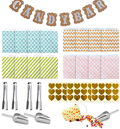 B-085 46pcs Candy Bar Zubehör Set, 4 Edelstahl zuckerzange 2 Ice Scoop 36 candy bar tüten 3 Aufkleber 1 candy bar schild, Candy Bar Zubehör für Süßigkeiten Stores,Hochzeiten,Geburtstag,Urlaub Party