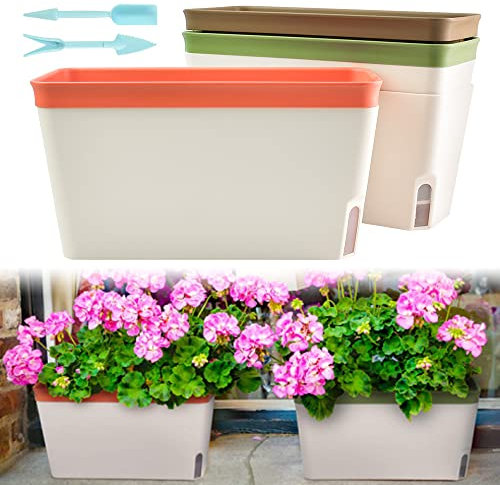 KARBAG Set of 3 Self Watering Plant Pots, 10.6inch Windowsill Herb Planter Box Rectangular Plastic Flowerpots Modern Decorative Flower Pot with Visual Water Level Window for Indoor Outdoor Patio