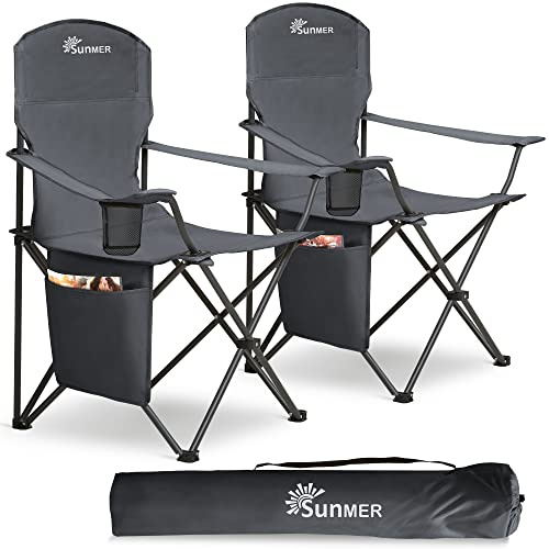 SUNMER Folding Camping Chairs - Set of 2, Extra-Wide Lightweight Outdoor Chairs with Armrests, Cup Holder and Side Pocket - 120kg Capacity per Chair - Professional Travel & Garden Seating - Dark Grey