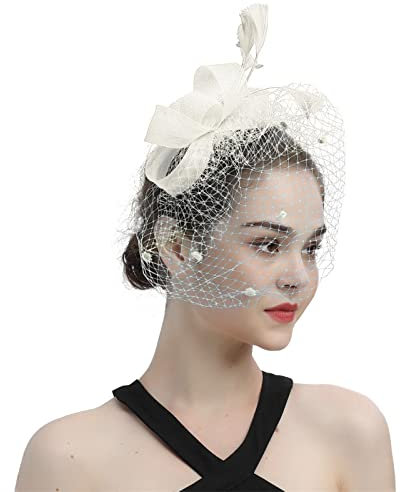 Fascinator Damen, Fascinator Damen Hut Bowknot Mesh Federn Schleier Kopfbedeckung Gefieder Stirnband für Tea Party Frauen Elegant Hochzeit Cocktail Kopfschmuck Netz Feder Haarschmuck