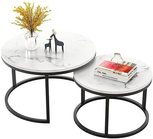 Table Basse gigogne Lot de 2 Meubles Table Basse Ronde avec Dessus en Faux marbre Cadre en métal Canapé Table d'appoint d'angle pour la Maison Salle à Manger Bureau Salon 70 + 50 cm