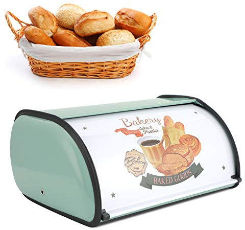 Scatola del Pane con Coperchio a Rotolo, Portapane in Ferro, 15x24x33cm, Contenitore per Pane con Base Antiscivolo, Scatola Porta Pane, Scatola per il Pane, per Conservare Pane e Dolci(verde)