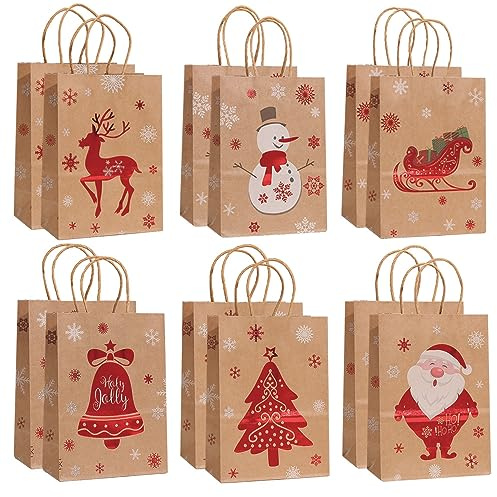 12 Stück Weihnachts Kraft Geschenktaschen,Geschenktüten Weihnachten,Weihnachtsgeschenktüten,Weihnachtsgeschenktüten Wiederverwendbar,Weihnachtspapiertüten mit Henkel (H)