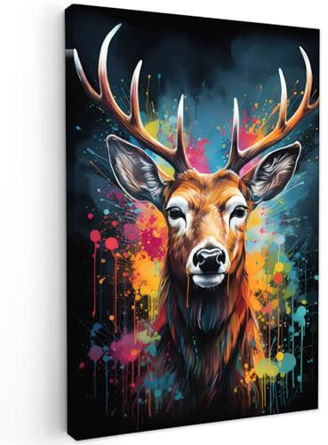 MuchoWow© Wandbilder Schlafzimmer Home Deko Wohnung Bild Wohnzimmer | 40x60 cm - Fotoleinwand Wand Bilder Leinwand Wall Decor Banksy - Street Pop Art - Hirsche - Graffiti - Tiere - Farben