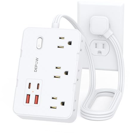 DEPOW Surge Protector Power Strip with Flat Plug, 3 FT Extension Cord with 6 AC Outlets 4 USB Ports,1050J Surge Protection, Wall Mountable Charging Station for Office, Home, White
