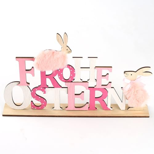 YIEUR 1 Stück Ostern Schriftzug Holz groß Aufsteller mit Osterhasen Figuren, 30cm Ostern Hase Filz Schriftzug Deko, Osterdeko Hasen Osterhasen Holz Hinstellen für Draußen Tischdeko Garten Deko (rosa)