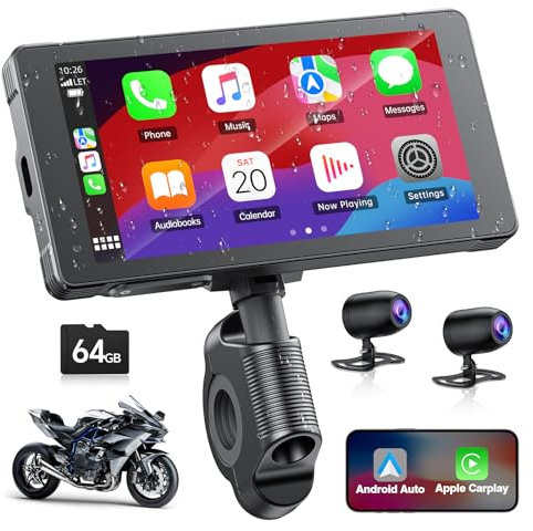 Lamto Motorrad Carplay & Android Auto für Motorcycle,Tragbares Carplay Bildschirm mit Dashcam Vorne Hinten 2K+1080P,5,5 Zoll IP67 Wasserdichter Touchscreen für Motorräder,Daueraufnahme/Siri/64G TF