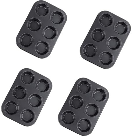 SDMAX Non-Stick 6 Slot Baking Tray, Muffin Tray, Sturdy, Heat Resistant, Cupcake Pan, Yorkshire Pudding Pies, Round, Cake Mould, Easy to Clean, Black (4PCS)