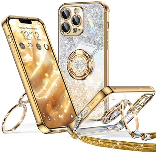 XYZ für iPhone 13 Pro Max Hülle mit Band, Herzen Doppelring Ständer Luxus Glitzer HandyHülle Kameraschutz, Frauen Stoßfest Elektroplattiert Soft TPU SchutzHülle Clear iPhone 13 Pro Max Case,Gold