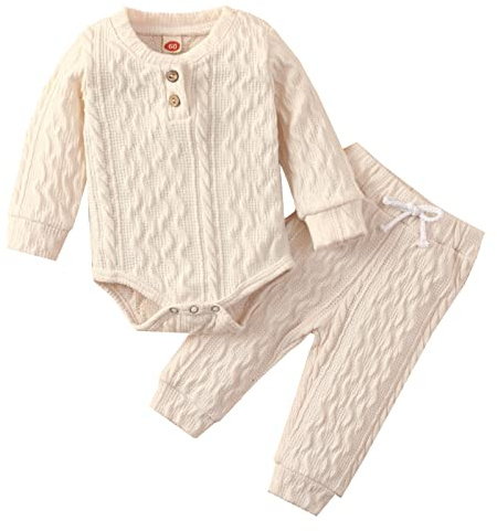 Huttam Ensemble Vetement Bebe garçon Naissance 0 24 Mois Automne Hiver Body Bebe Fille Manche Longue Combinaison uni Doux et Pantalon Tenue Bebe Garcon Printemps Decontracte Mode (Beige, 6-12 Mois)