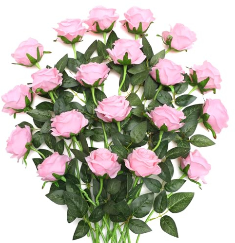 JUSTOYOU 20 PCS Pink Rose Artificial Flower,Silk Blooming Rose with Stem,Artificial Rose Bouquet Realistic Flower for Home Table Office Party Wedding Garden Arrangements(Blossom Roses pink)