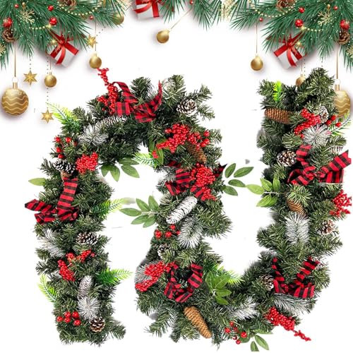 Weihnachtsgrüne Girlande, Weihnachtsgirlande für Mantel - 8,86 Fuß Kaminsims Weihnachtsdekoration mit Tannenzapfen und roten Beeren - Ästhetischer Türhänger Esstisch Fenster Rattan für Türen Kamine Zu