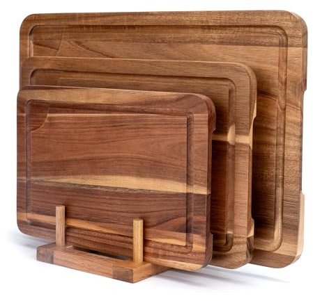 Set de 3 Planches à Découper en Bois d'Acacia avec Rainure pour Jus, Support et Couteau à Fruits Offerts, Planche à Découper Double Face pour Viande, Légumes et Fromage.