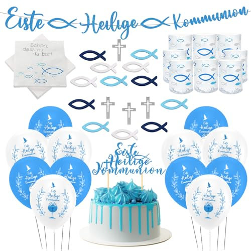 139 Stück Kommunion Deko, Junge Tischdeko Kommunion Servietten Konfirmation Deko Windlicht Fisch Deko, Holz Fische Deko, Ballons für Taufe, Deko für Servietten Taufdeko Tisch Deko