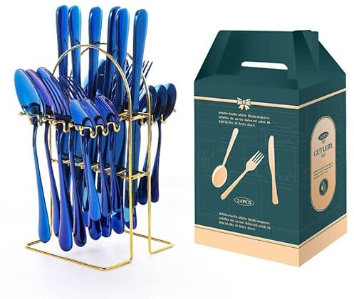 FATASH Cutlery Set with Stand (Blue, 24 Piece) Stainless Steel Cutlery Set for 6 People, Dishwasher Safe Mirror Polished Knives, Forks, Spoons & Teaspoons with Hanging Organiser - Gift Box