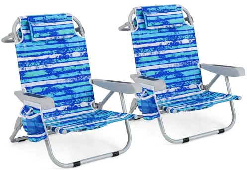 GYMAX Beach Chair, 330lbs Backpack Lounger with 5-Position Backrest, Storage Bag, Side Pocket, Towel Bar & Headrest, Foldable Low Beach Lounge, Portable Aluminum Lay Out Camp Chair (Blue Stripe,2)