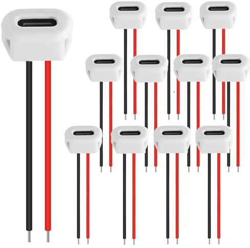 RUNCCI-YUN 12 Pièces connecteur USB C a souder prise femelle,USB C 2 Fils femelle connecteur panneau avec Boucle à Rainure à Pression,100mm 24 AWG, Blanc avec fonction PD