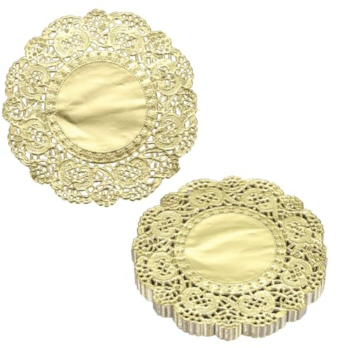 QUARKZMAN 50Stk. Tortenspitzen 8,9cm Rund Dekoratives Einweg-Tischset Gold | Tortendeckchen aus Spitzenpapier für Kuchen Desserts Lebensmitteldekoration Hochzeit Geburtstag