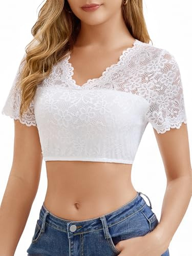 Dirndl Bluse Damen V-Ausschnitt Trachtenbluse Kurzarm Dirndlbluse Weiß