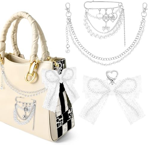 FIDWALL 3 Teiliges Taschenanhänger Set Für Frauen, Niedlicher Schlüsselanhänger, Kettenanhänger, Zierliche Anstecknadel Deko Für Handtasche Geldbörse Und Umhängetasche (Perle)