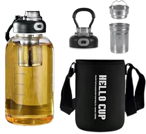Borraccia in vetro con colino da tè, portata 1,5 litri, con custodia protettiva, a prova di perdite, design unico loc-cap, bottiglia di vetro riutilizzabile (2 bibite) per acqua e bevande
