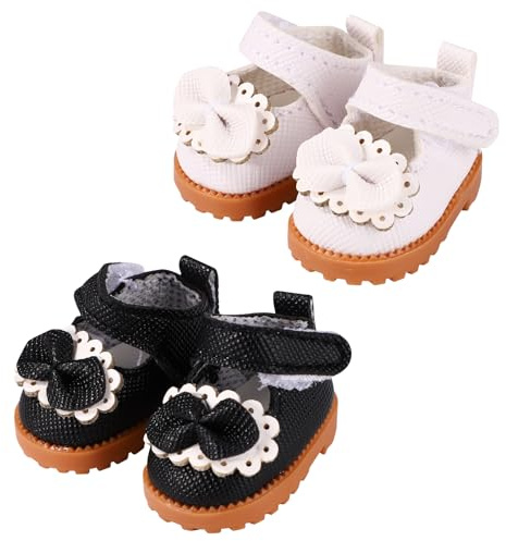 Lyreh 2 Paar Mini-Puppenschuhe für 17 cm Große Puppen, Kawaii Mode Puppenschuhe aus Leder und Plüsch Süßes Spielzeug Outfit Zubehör (Schwarz, Weiß)