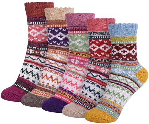 Riqiaqia 5/6 Paar Winter Merino Wool Socken Damen Warme Dicke Bunte Thermosocken Wollsocken Stricksocken Gemütlich und Atmungsaktive, Damen Geschenk Socken Einheitsgröße