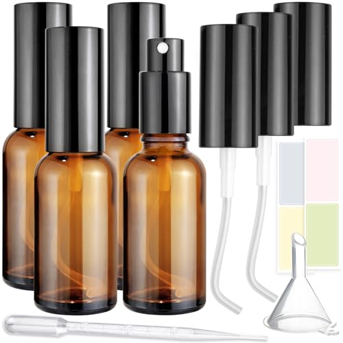 4-pack 30 ml/10 oz bärnstensglas sprayflaskor för fin dimma | med 2 extra munstycken, påfyllningsbara eteriska olje- och toneruppsättningar, miljövänliga hem- och hudvårdslösningar