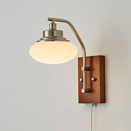 Klobvtt Applique Vintage in Legno con Cordino, Lampada da Parete a LED, luci da Lettura da Comodino, Applique cablate, Illuminazione da Parete per Soggiorno, lampade da testiera per Camera da Letto