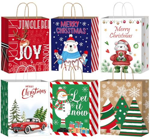 DECHISY 12 Stück Geschenktüten Weihnachten, Weihnachtsgeschenktüten mit Griffen, 6 Designs, 23 x 18 x 10 cm, perfekt für Weihnachts- und Neujahrsdekorationen