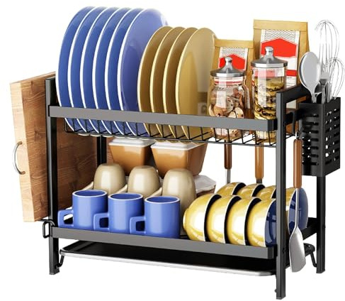 LxsNyvantic Égouttoir Vaisselle 2 étages Noir 44×24×34 cm, Panier d’égouttage en métal avec Porte-ustensiles et Plateau d’égouttement, Rangement Cuisine Gain de Place Facile à nettoye