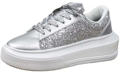 Generisch Scarpe con glitter da donna, eleganti, scarpe da ginnastica per carnevale, scarpe da corsa, feste, Capodanno, scarpe da donna, lucide, scarpe da sposa, piatte, argento, 38.5 EU