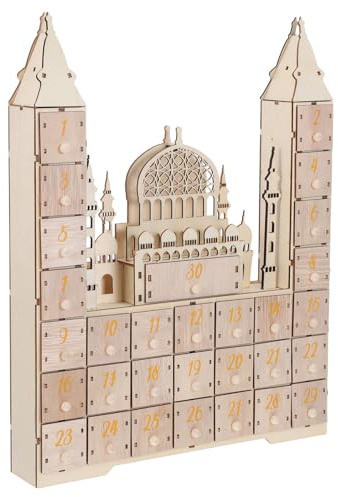 FUTUREORYY Calendrier de L'avent en Bois 30 Jours pour Ramadan, Ornement de Compte à Rebours de L'aïd Moubarak avec Tiroirs, Décoration Intérieure Festive Islamique pour Maison et Fête