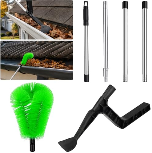 Gutter Cleaning Tools from the Ground, 2-in-1 Adjustable Roofing Tool Multi-Functional, Telescopic Extendable Pole with Brush and Scoop, for Roof Gutters Leaves