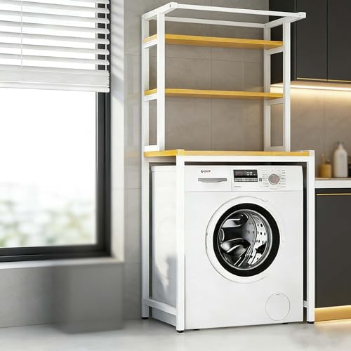 Over Washer Dryer Shelving Rack, Sturdy Metal Construction with Wooden Tabletop, Space Saving Design for Small Apartments(White,3-T)