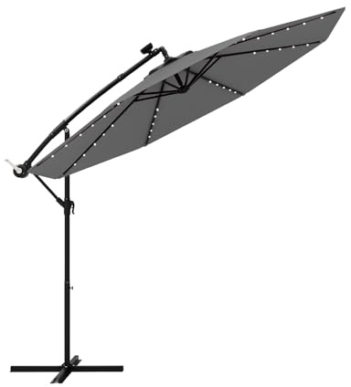 GOPLUS Sombrilla Terraza Exterior 3x3 m con 40 Luces LED Solares, Parasol Excentrico Inclinable con Pie y Base, Altura ajustable, Resistente al Viento y GuardaSol (Con Base y LED,Gris,3x3 m)