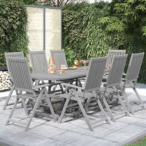 mzdioop 9-TLG Garten-Essgruppe Massivholz Akazie grau mit Ausziehtisch 160-240x100x75 cm und 8 verstellbaren Klappstühlen für Terrasse Balkon Outdoor Wetterfest Platzsparend Relaxen Grillen