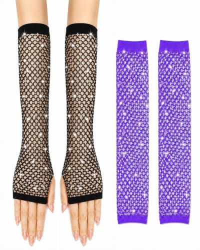 AEIOPRS 2 Pares de Guantes de Rejilla con Brillantes Negros Sin Dedos para Mujer - Mitones Elásticos de Red con Diamantes para Fiesta de Gala, Cosplay, Moda Emo y Disfraz