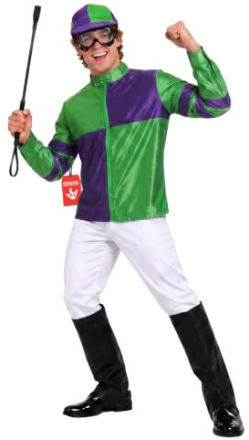 Fun Shack Jockey Kostüm Herren, Pferderennen Halloween Kostüm Herren | Oberteil, Hose, Hut & Brille, Grün-Lila Design, Zum Überziehen, Perfekt für Halloween, Ideal zum Verkleiden