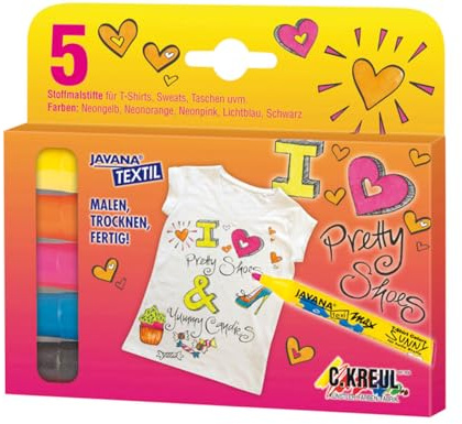 KREUL 90712 - Javana Texi Mäx Sunny Fashion Girl, 5 Stifte in neongelb, neonorange, neonpink, lichtblau und schwarz, mit unempfindlicher Rundspitze ca. 2 - 4 mm, Stoffmalstifte für helle Stoffe